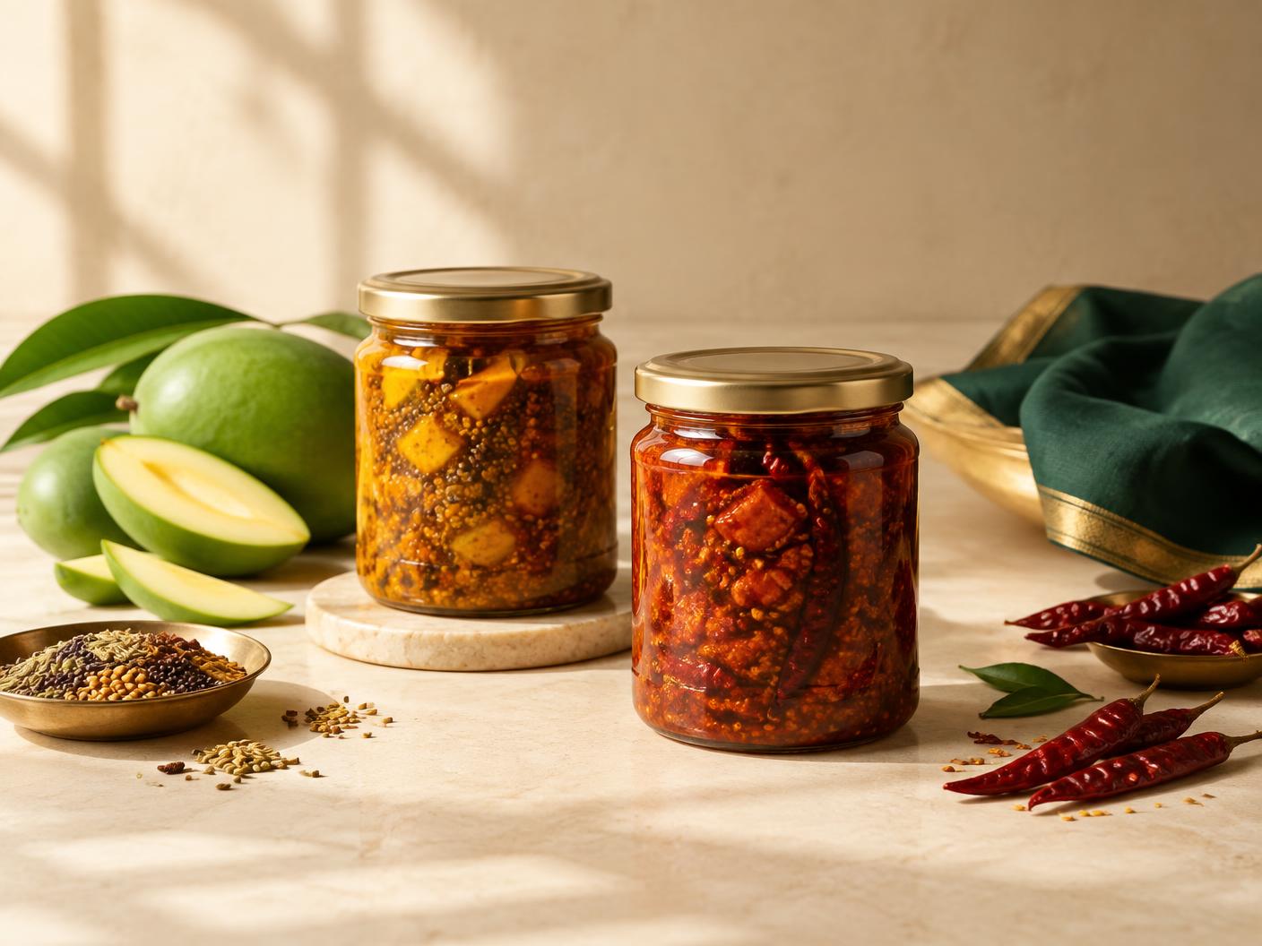 Food Mitra mango pickle jar with green branded label